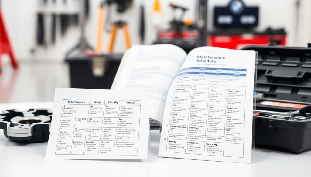 A neatly organized automotive maintenance schedule displayed on a clean, white background. In the foreground, a detailed calendar shows various maintenance tasks arranged by weekly, monthly, and annual intervals. In the middle ground, an open car owner's manual lies next to a mechanic's toolkit, conveying the importance of following manufacturer-recommended guidelines. The background features a subtle, blurred garage setting with tools and equipment, creating a sense of practicality and professionalism. The lighting is soft and even, highlighting the schedule's clarity and legibility. The overall mood is one of efficiency, organization, and a proactive approach to car care.