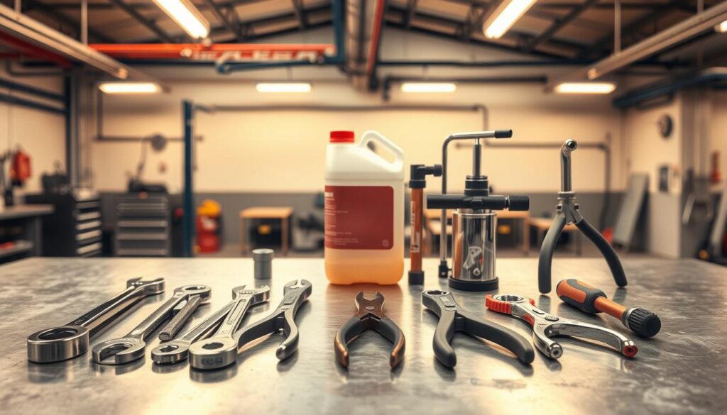 A neatly organized workspace showcasing a collection of essential brake fluid replacement tools. In the foreground, a set of wrenches, pliers, and a fluid transfer pump are precisely arranged on a clean, steel workbench. In the middle ground, a brake fluid reservoir and a specialized bleeder tool stand ready for use. The background is a well-lit, industrial-style garage, with warm, directional lighting casting shadows that emphasize the tools' shapes and textures. The overall scene conveys a sense of professionalism and attention to detail, suitable for a step-by-step guide on safe brake fluid replacement.