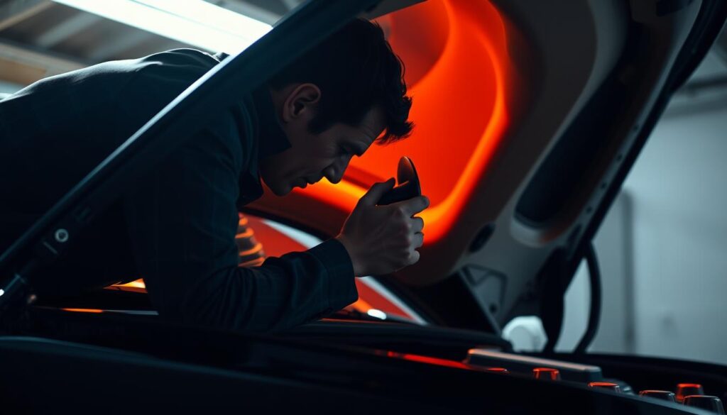 A person in a well-lit garage, leaning over the open hood of a new car, intently examining a freshly installed car horn. The vibrant orange glow of the car's interior lighting casts a warm hue, while soft shadows from the overhead lighting create depth and dimension. The person's face is obscured, but their body language conveys a sense of focus and determination as they test the horn, ensuring it functions properly before closing the hood. The scene has a sense of purpose and attention to detail, reflecting the technical nature of the task at hand.