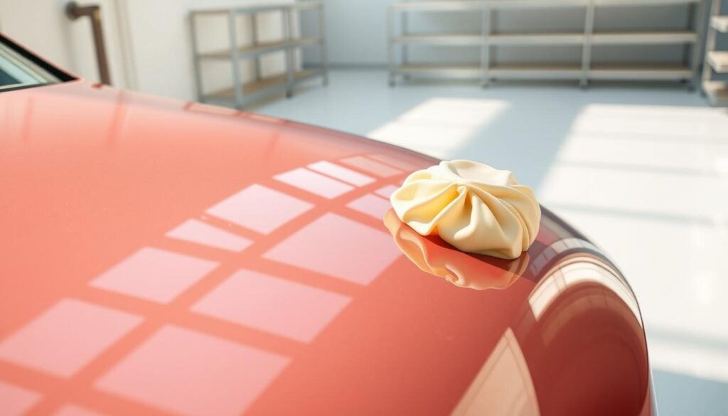 A shiny, well-protected car paint surface in a bright, sunlit environment. In the foreground, a smooth, glossy car body with a deep, mirror-like finish reflecting the surrounding scene. In the middle ground, a soft, velvety wax applicator gently spreading a high-quality paint protection product across the surface. The background features a clean, pristine workshop setting with a spotless, bright white floor and minimalistic metal shelving. The lighting is warm and natural, creating a sense of clarity and attention to detail. The overall mood conveys a feeling of meticulous care and pride in maintaining a showroom-quality car finish.