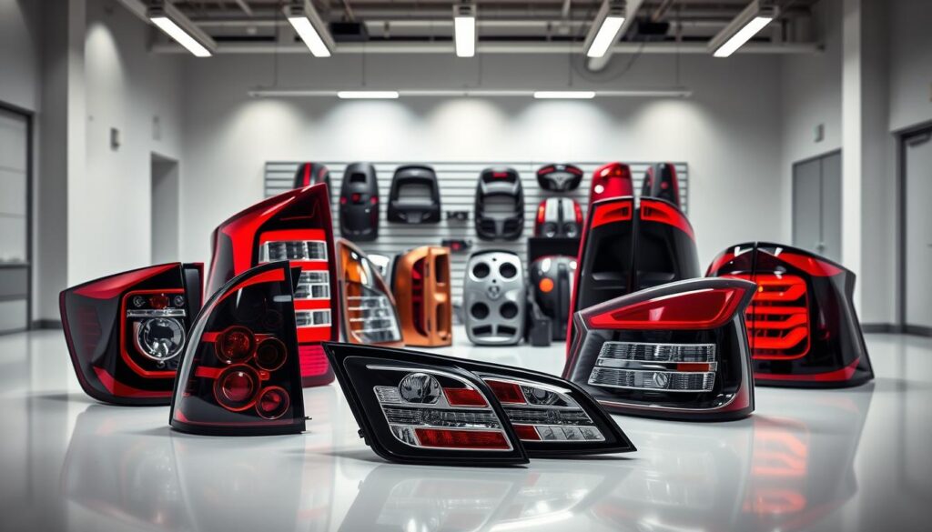 A sleek and modern automotive showroom, showcasing an array of replacement tail light options. In the foreground, several high-quality tail light assemblies are displayed on a clean, well-lit surface, their reflective lenses and intricate designs capturing the viewer's attention. The middle ground features a selection of tail light housings in various styles and finishes, allowing for customization and personalization. The background subtly blends a minimalist, industrial-inspired setting with soft, diffused lighting, creating a sense of professionalism and expertise. The overall composition conveys a sense of authority and confidence in the presented tail light replacement options.