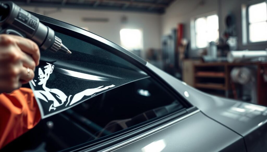 A well-lit DIY car workshop with a close-up view of a car window being tinted. The foreground features a skilled hand carefully applying a high-quality window tint film, the middle ground showcases the car's interior with the window partially tinted, and the background depicts the tools and materials used for the job, such as a heat gun, squeegee, and tint film rolls. The lighting is soft and diffused, creating a warm, focused atmosphere that emphasizes the delicate nature of the tinting process. The overall scene conveys a sense of precision, attention to detail, and the satisfaction of a DIY project well-executed. A well-lit DIY car workshop with a close-up view of a car window being tinted. The foreground features a skilled hand carefully applying a high-quality window tint film, the middle ground showcases the car's interior with the window partially tinted, and the background depicts the tools and materials used for the job, such as a heat gun, squeegee, and tint film rolls. The lighting is soft and diffused, creating a warm, focused atmosphere that emphasizes the delicate nature of the tinting process. The overall scene conveys a sense of precision, attention to detail, and the satisfaction of a DIY project well-executed.