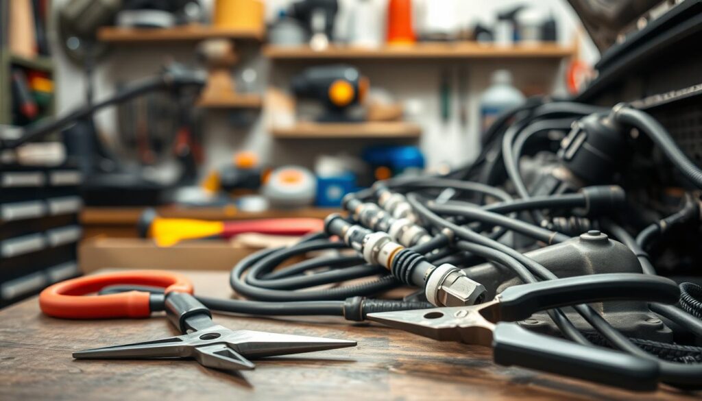 A well-lit DIY workshop scene with a detailed close-up view of a car engine's spark plug wires. The wires are laid out neatly, ready for replacement. In the foreground, a set of pliers and a new spark plug wire kit sit on a workbench, hinting at the task at hand. The background features shelves of tools and automotive parts, creating a sense of an organized, professional workspace. The lighting is natural and even, highlighting the intricate details of the engine components. The overall mood is one of methodical, hands-on problem-solving, setting the stage for a successful DIY spark plug wire replacement.