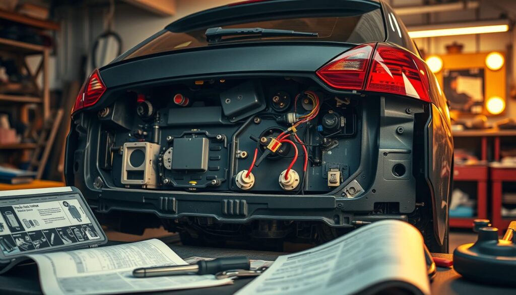 A well-lit DIY workshop with a disassembled car's rear end, showcasing the inner workings of a tail light. The focus is on the exposed components - wiring, sockets, and mounting brackets. The lighting is warm and inviting, highlighting the intricate details. A tool kit and a step-by-step guide are visible in the foreground, conveying the hands-on, instructional nature of the scene. The overall atmosphere is one of curiosity and problem-solving, inviting the viewer to explore the process of upgrading or replacing a tail light.