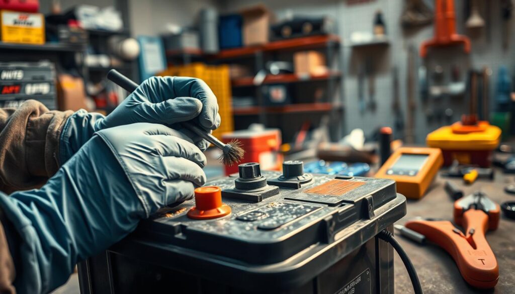 A well-lit automotive workshop, a car battery resting on a workbench. In the foreground, a pair of gloved hands carefully cleaning the battery terminals with a wire brush, removing built-up corrosion. The middle ground shows an array of specialized tools - pliers, screwdrivers, and a battery tester. The background is filled with shelves of automotive parts and supplies, casting a warm, industrial ambiance. The scene conveys a sense of focused, meticulous work, highlighting the cost-saving benefits of DIY battery maintenance compared to professional cleaning services.