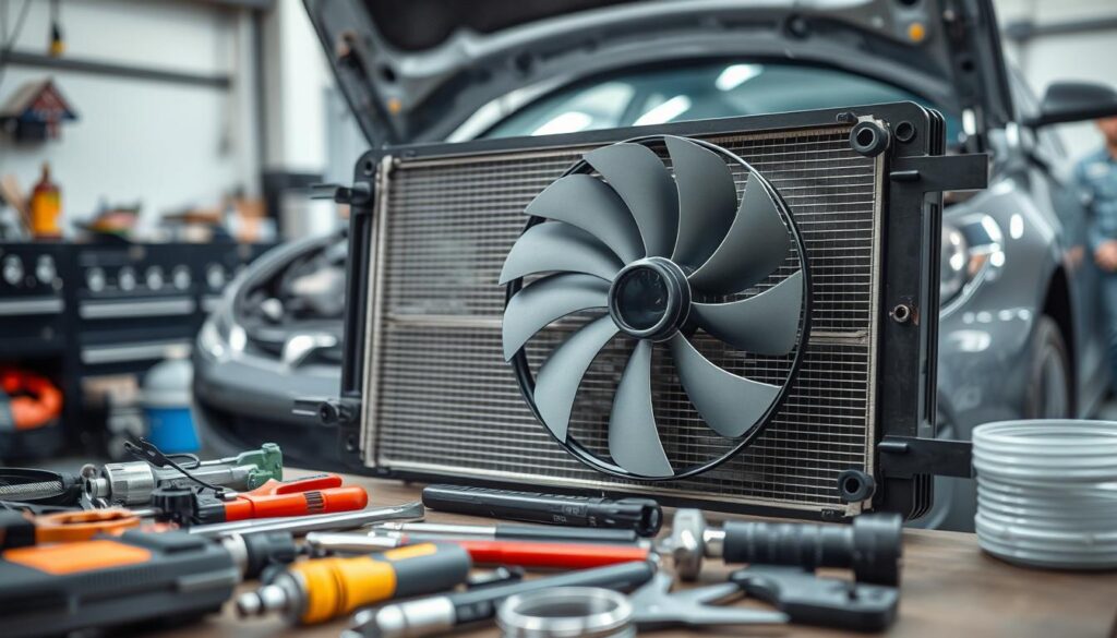 A well-lit automotive workshop, the focal point being a partially disassembled car radiator with a new, high-performance cooling fan ready for installation. The fan's blades are clearly visible, their sleek design hinting at increased airflow efficiency. In the foreground, an array of tools and spare parts are neatly organized, suggesting a methodical approach to the task at hand. The middle ground showcases the car's engine bay, revealing the radiator's position and the surrounding components that need to be carefully navigated during the upgrade process. The background is slightly blurred, creating a sense of depth and emphasizing the importance of the radiator fan upgrade in the overall image.