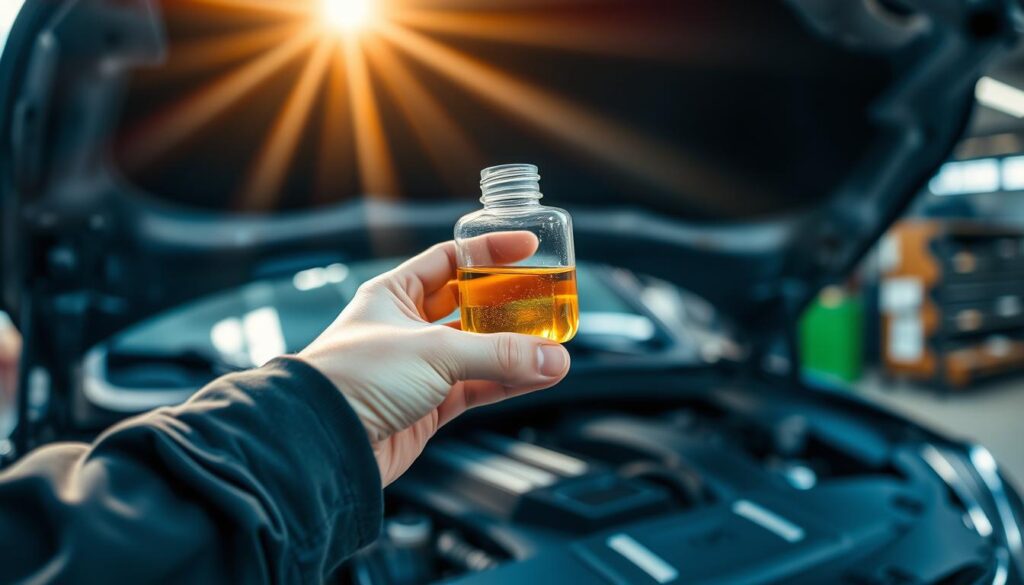 A well-lit automotive workshop, with a car's engine bay in the foreground. Rays of light stream through the windows, illuminating the various components. In the center, a mechanic's hand holds a transparent fluid container, checking the level of the clear, golden-hued brake fluid. The background is blurred, emphasizing the focal point of the inspection. The scene conveys a sense of precision, care, and the importance of maintaining the brake system's integrity. A well-lit automotive workshop, with a car's engine bay in the foreground. Rays of light stream through the windows, illuminating the various components. In the center, a mechanic's hand holds a transparent fluid container, checking the level of the clear, golden-hued brake fluid. The background is blurred, emphasizing the focal point of the inspection. The scene conveys a sense of precision, care, and the importance of maintaining the brake system's integrity.
