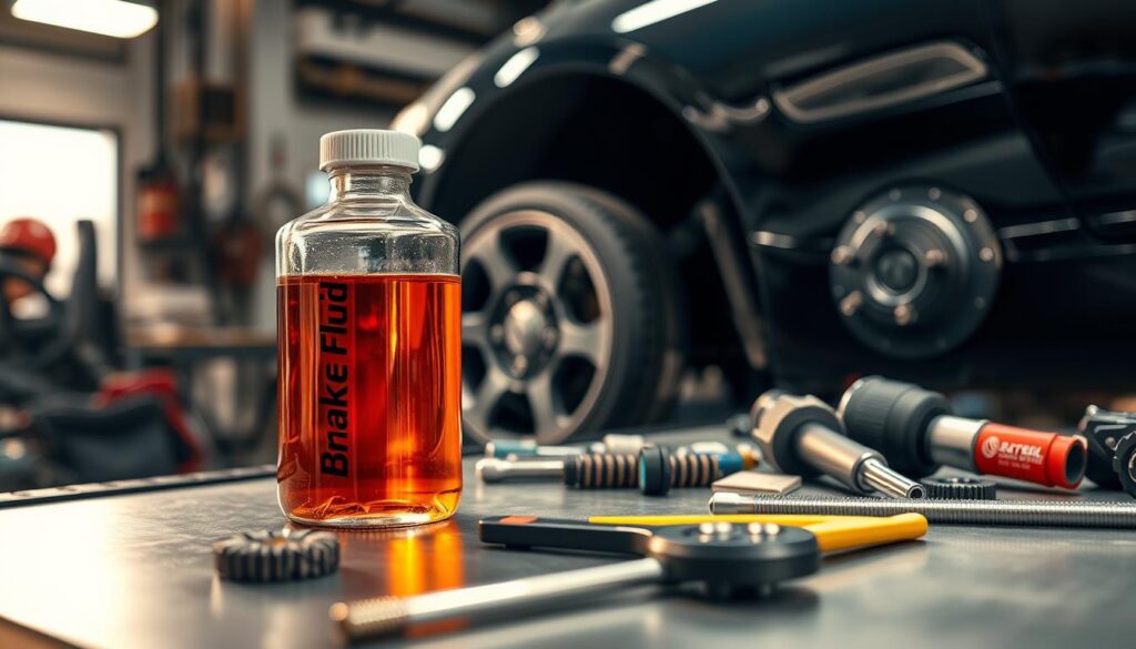 A well-lit automotive workshop with a steel workbench, a transparent glass container filled with amber-colored brake fluid, and various automotive tools neatly arranged in the foreground. The middle ground features a pair of car wheels and brake calipers, with a car's interior visible in the background. The scene is captured with a shallow depth of field, creating a focus on the brake fluid container and the surrounding tools. The lighting is warm and even, conveying a sense of professionalism and attention to detail. The image should avoid showing any human faces, focusing instead on the technical aspects of the brake fluid check. A well-lit automotive workshop with a steel workbench, a transparent glass container filled with amber-colored brake fluid, and various automotive tools neatly arranged in the foreground. The middle ground features a pair of car wheels and brake calipers, with a car's interior visible in the background. The scene is captured with a shallow depth of field, creating a focus on the brake fluid container and the surrounding tools. The lighting is warm and even, conveying a sense of professionalism and attention to detail. The image should avoid showing any human faces, focusing instead on the technical aspects of the brake fluid check.