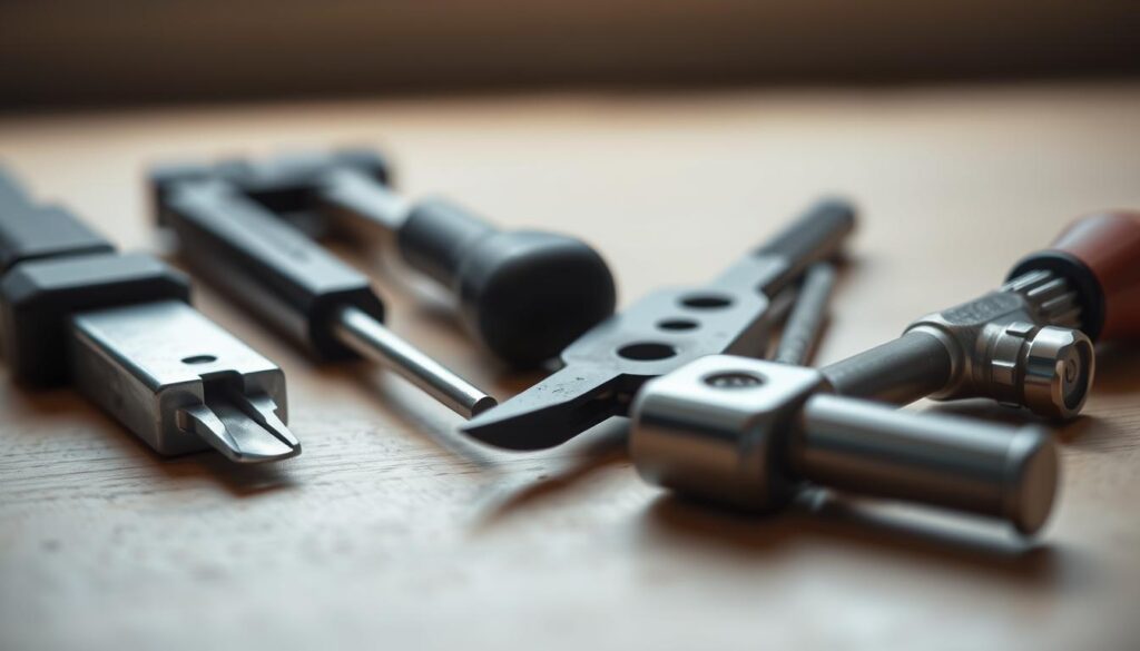 A well-lit, close-up image of a diverse assortment of DIY car door handle repair tools, including a small pry bar, a screwdriver set, needle-nose pliers, and a small hammer, neatly arranged on a clean, wooden surface. The tools should be in focus, with a shallow depth of field to create a sense of depth and emphasize the key elements. The lighting should be natural and diffused, casting soft shadows to accentuate the texture and details of the tools. The overall mood should be one of precision, organization, and practical functionality, conveying the necessary tools for the car door handle repair task.