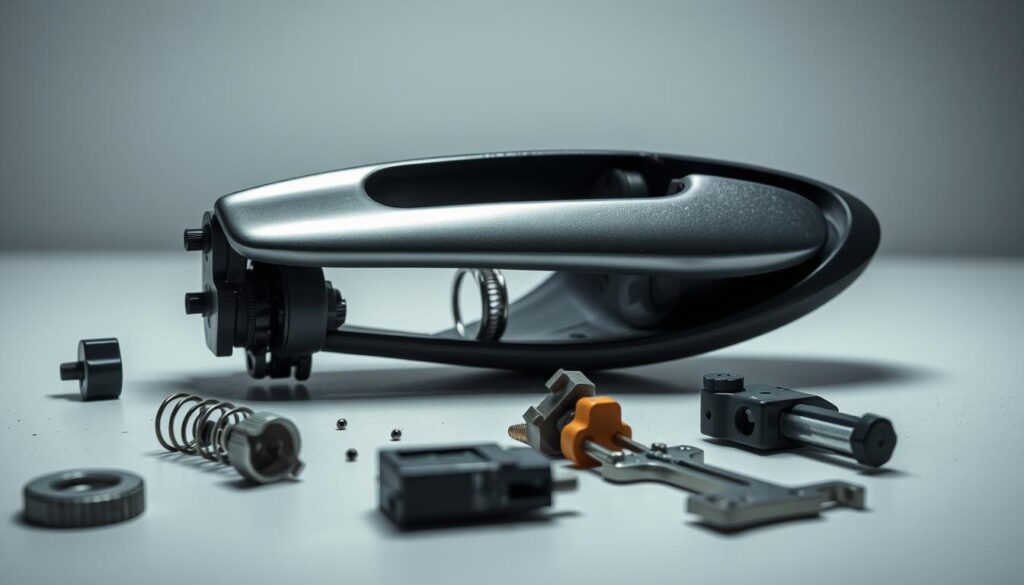 A well-lit close-up photograph of a car door handle disassembled on a clean workbench, with various components such as the spring, latch, and linkage system arranged neatly. The image should convey a sense of careful inspection, with the handle parts clearly visible, allowing the viewer to examine the mechanism in detail. The lighting should be soft and even, creating a professional, technical atmosphere. The camera angle should be slightly tilted to provide a clear, unobstructed view of the handle's inner workings. The background should be a neutral, minimalist color to keep the focus on the subject.