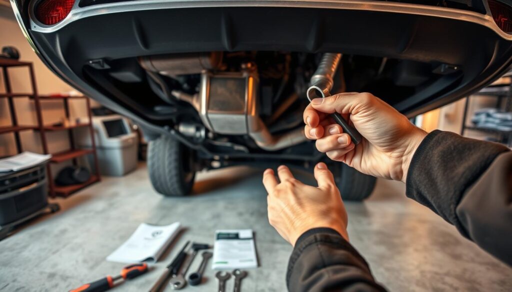 A well-lit, close-up shot of an open car bonnet, showcasing the intricate exhaust system. In the foreground, a mechanic's hands holding a wrench, inspecting the exhaust pipe and muffler. The mid-ground features a selection of automotive tools and a service manual, indicating a DIY maintenance scenario. The background depicts a clean, organized workshop with concrete floors and metal shelving, creating a professional, technical atmosphere. The lighting is warm and directed, casting subtle shadows that accentuate the textures and details of the exhaust components. The overall mood is one of focused, hands-on problem-solving, inviting the viewer to engage in the process of maintaining a car's exhaust system. A well-lit, close-up shot of an open car bonnet, showcasing the intricate exhaust system. In the foreground, a mechanic's hands holding a wrench, inspecting the exhaust pipe and muffler. The mid-ground features a selection of automotive tools and a service manual, indicating a DIY maintenance scenario. The background depicts a clean, organized workshop with concrete floors and metal shelving, creating a professional, technical atmosphere. The lighting is warm and directed, casting subtle shadows that accentuate the textures and details of the exhaust components. The overall mood is one of focused, hands-on problem-solving, inviting the viewer to engage in the process of maintaining a car's exhaust system.