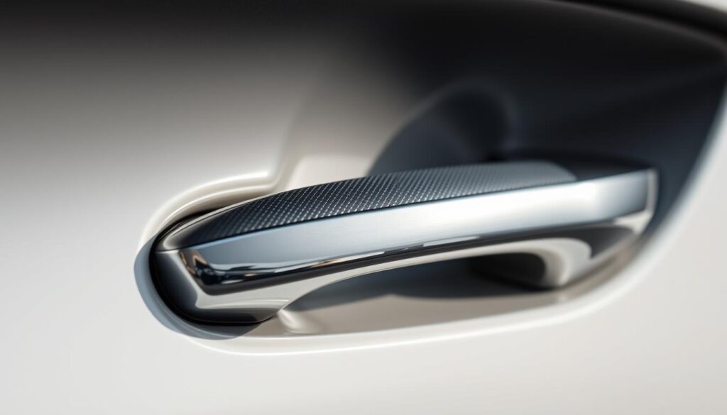 A well-lit, close-up view of a car door handle, highlighting its safety features. The handle is made of shiny, high-quality metal, with a textured grip for enhanced traction. The surrounding door panel is sleek and modern, with a subtle, muted color palette that complements the handle's design. The lighting is soft and diffused, casting gentle shadows that accentuate the handle's contours and emphasize its ergonomic shape. The focus is sharp, drawing the viewer's attention to the intricate details and craftsmanship of the handle, while the background is slightly blurred, creating a sense of depth and emphasizing the handle as the central subject. A well-lit, close-up view of a car door handle, highlighting its safety features. The handle is made of shiny, high-quality metal, with a textured grip for enhanced traction. The surrounding door panel is sleek and modern, with a subtle, muted color palette that complements the handle's design. The lighting is soft and diffused, casting gentle shadows that accentuate the handle's contours and emphasize its ergonomic shape. The focus is sharp, drawing the viewer's attention to the intricate details and craftsmanship of the handle, while the background is slightly blurred, creating a sense of depth and emphasizing the handle as the central subject.