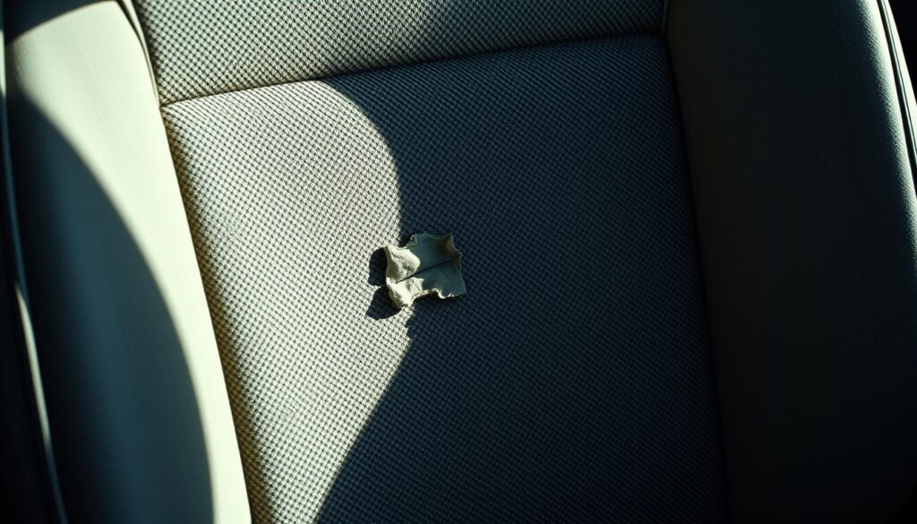 A well-lit, close-up view of a car seat's worn upholstery, showcasing a small tear or burn mark in the center. The fabric has a slightly faded, weathered appearance, hinting at the seat's history of use. The lighting casts soft shadows, emphasizing the texture and surface details. The composition focuses on the damage area, with the surrounding upholstery providing context and visual interest. The overall mood is one of practical concern, inviting the viewer to consider how they might approach the repair process.