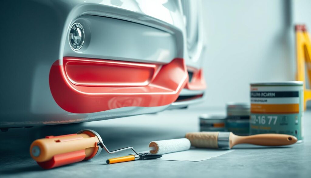 A well-lit, close-up view of a car's freshly painted bumper, captured in a soft, diffused lighting setup. The repaired area is the focal point, showcasing a smooth, glossy finish in a vibrant, high-quality color that seamlessly blends with the surrounding bodywork. In the foreground, a variety of painting tools and materials are neatly arranged, including a paint roller, a brush, and cans of matching automotive paint. The background is slightly blurred, but suggests a clean, organized workshop environment, emphasizing the DIY nature of the scene. The overall mood is one of pride and accomplishment, inviting the viewer to imagine the satisfying process of repairing and refinishing a car's bumper at home.