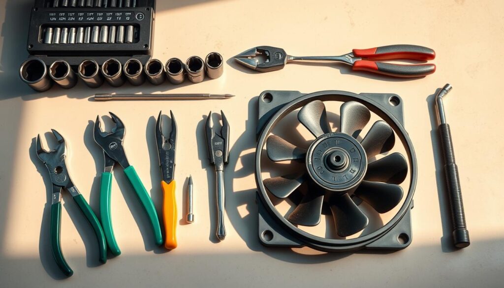 A well-lit close-up view of a collection of essential DIY tools for car radiator fan replacement, including a socket wrench set, pliers, screwdrivers, a torque wrench, and a replacement fan unit. The tools are neatly arranged on a clean, neutral-colored surface, with a sense of order and precision. The lighting is warm and natural, casting subtle shadows that add depth and dimension to the scene. The overall atmosphere conveys a sense of preparedness and professionalism, suitable for a tutorial on performing this maintenance task.