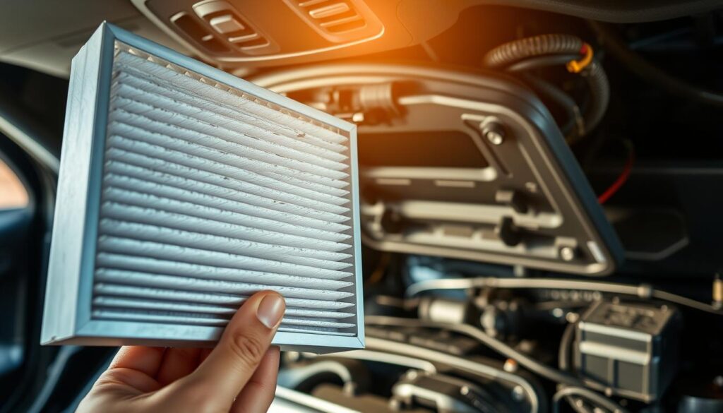 A well-lit, close-up view of a new cabin air filter being installed in a vehicle's HVAC system. The filter is held in the foreground, partially obscured by clean, nimble fingers. The mid-ground shows the open filter housing, its interior components visible. The background features the organized engine bay, with various mechanical parts and wiring suggesting a professional, hands-on automotive setting. The lighting is natural and warm, creating a sense of care and attention to detail. The overall mood is one of focused, purposeful maintenance, conveying the environmental benefits of a clean, properly functioning cabin air filter.
