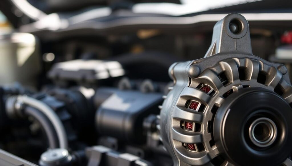 A well-lit, close-up view of an alternator from a car engine, showcasing the key signs of alternator failure. The alternator's housing and components are visible in the foreground, with a clean, detailed texture and metallic sheen. The middle ground features a dimly lit engine bay, providing context and depth. The background is slightly blurred, emphasizing the focal point of the alternator. The lighting is natural, casting subtle shadows that accentuate the alternator's form and features. The overall mood is one of technical precision and diagnostic focus, conveying the importance of recognizing alternator issues for effective DIY repair. A well-lit, close-up view of an alternator from a car engine, showcasing the key signs of alternator failure. The alternator's housing and components are visible in the foreground, with a clean, detailed texture and metallic sheen. The middle ground features a dimly lit engine bay, providing context and depth. The background is slightly blurred, emphasizing the focal point of the alternator. The lighting is natural, casting subtle shadows that accentuate the alternator's form and features. The overall mood is one of technical precision and diagnostic focus, conveying the importance of recognizing alternator issues for effective DIY repair.