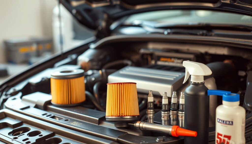 A well-lit, detailed image of a car's engine compartment, with various car maintenance tools and products neatly arranged around it. The engine bay is open, revealing its intricate components, with a focus on the oil filter, air filter, and spark plugs. The lighting is warm and natural, creating a sense of care and attention to detail. The background is slightly blurred, emphasizing the subject matter. The overall scene conveys a sense of proactive, preventive car care.