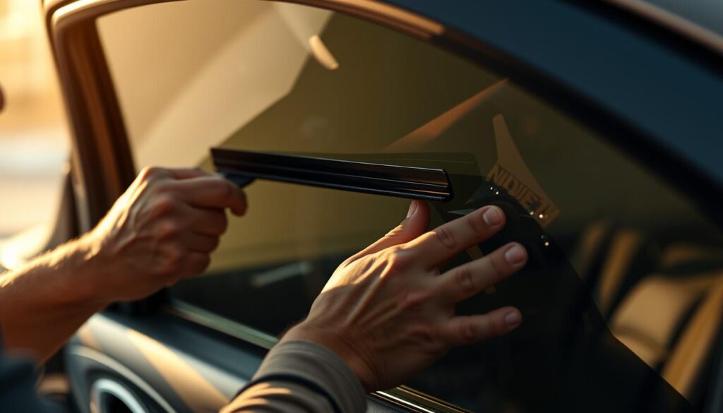 A well-lit, detailed image of a person's hands carefully applying a car window tint film to the interior of a car window. The film is being smoothed out with a squeegee tool, removing air bubbles and ensuring a seamless application. The window frame is visible in the background, providing context. The lighting is soft and natural, creating a warm, focused atmosphere. The person's face is out of frame, with only their hands and arms visible, to maintain privacy. The overall scene conveys the step-by-step process of applying window tint film in a DIY setting. A well-lit, detailed image of a person's hands carefully applying a car window tint film to the interior of a car window. The film is being smoothed out with a squeegee tool, removing air bubbles and ensuring a seamless application. The window frame is visible in the background, providing context. The lighting is soft and natural, creating a warm, focused atmosphere. The person's face is out of frame, with only their hands and arms visible, to maintain privacy. The overall scene conveys the step-by-step process of applying window tint film in a DIY setting.