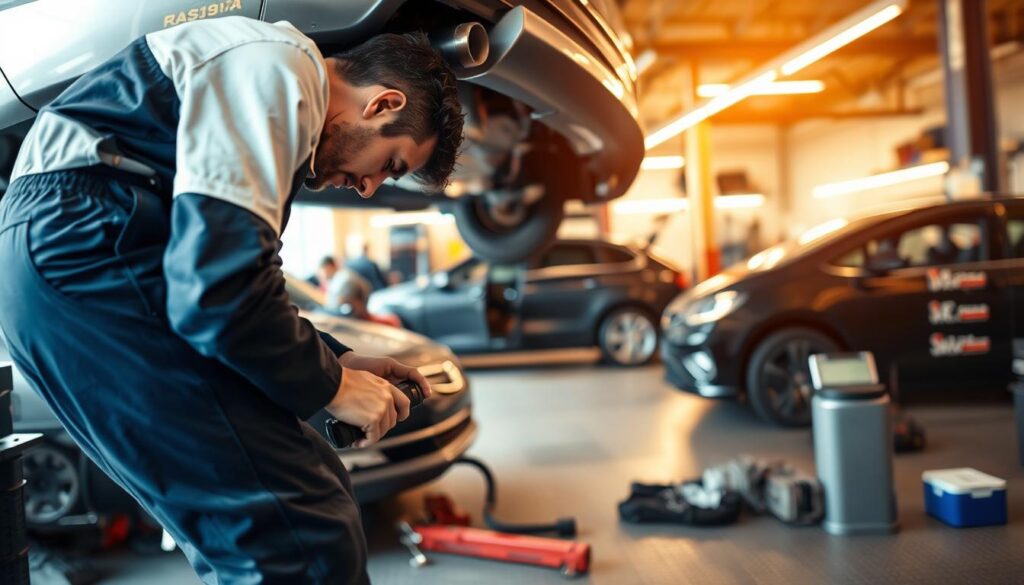A well-lit, detailed image of a professional auto repair shop, with a technician working on a car's exhaust system in the foreground. The technician is bent over the vehicle, using a variety of specialized tools to inspect and repair the exhaust components. In the middle ground, additional vehicles are parked, awaiting service. The background features the shop's interior, with various equipment and supplies visible, conveying a sense of a well-equipped, functional workspace. The lighting is warm and inviting, casting a soft glow on the scene. The overall mood is one of efficient, professional exhaust system maintenance and repair. A well-lit, detailed image of a professional auto repair shop, with a technician working on a car's exhaust system in the foreground. The technician is bent over the vehicle, using a variety of specialized tools to inspect and repair the exhaust components. In the middle ground, additional vehicles are parked, awaiting service. The background features the shop's interior, with various equipment and supplies visible, conveying a sense of a well-equipped, functional workspace. The lighting is warm and inviting, casting a soft glow on the scene. The overall mood is one of efficient, professional exhaust system maintenance and repair.
