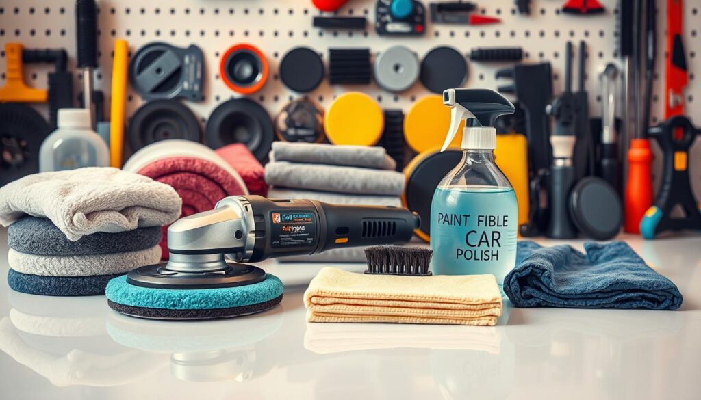 A well-lit, detailed still life scene showcasing an assortment of professional car polishing tools. In the foreground, a high-quality dual-action polisher, microfiber pads, and a bottle of premium car polish are neatly arranged on a clean, reflective surface. The middle ground features a selection of soft, lint-free polishing cloths, a detailing brush, and a spray bottle filled with a gentle car cleaning solution. In the background, a collection of paint correction tools, such as cutting pads, foam applicators, and a paint thickness gauge, are displayed in an organized manner. The lighting is warm and even, accentuating the textures and materials of the various tools. The overall composition conveys a sense of professionalism and attention to detail, reflecting the expertise required for high-quality car polishing.