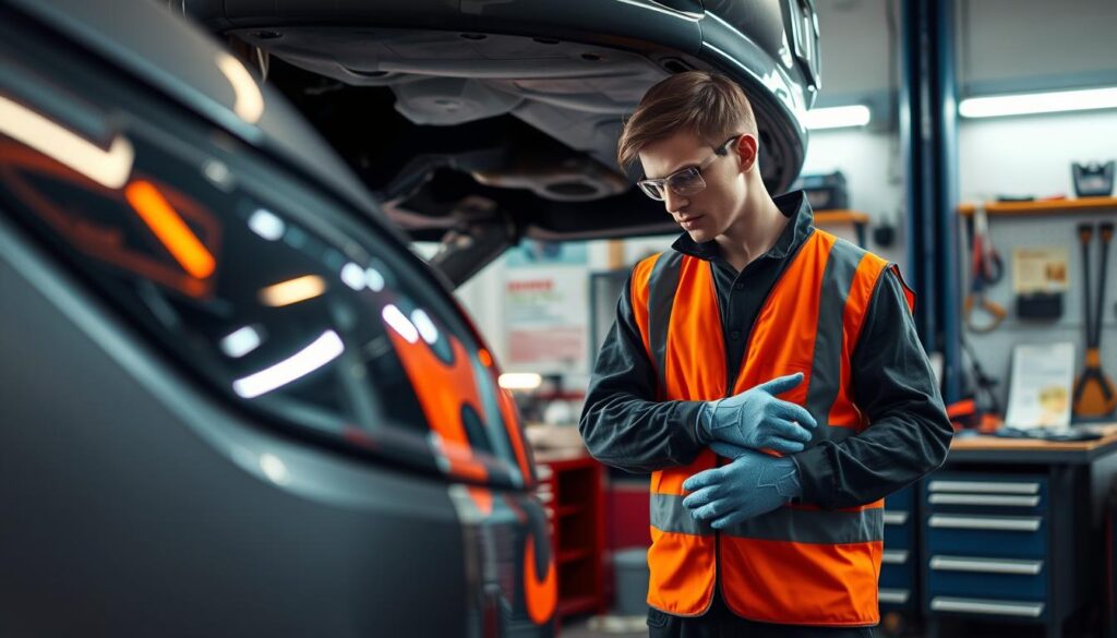 A well-lit garage interior, with a car on a lift in the foreground. In the middle ground, a mechanic in protective gear - safety goggles, gloves, and a high-visibility vest - inspecting the car's components. The background features a neatly organized workbench, tools, and automotive repair manuals. The lighting is warm and focused, casting shadows that emphasize the importance of caution and attention to detail. The overall atmosphere conveys a sense of safety, professionalism, and the careful, methodical approach required for successful DIY auto repair.
