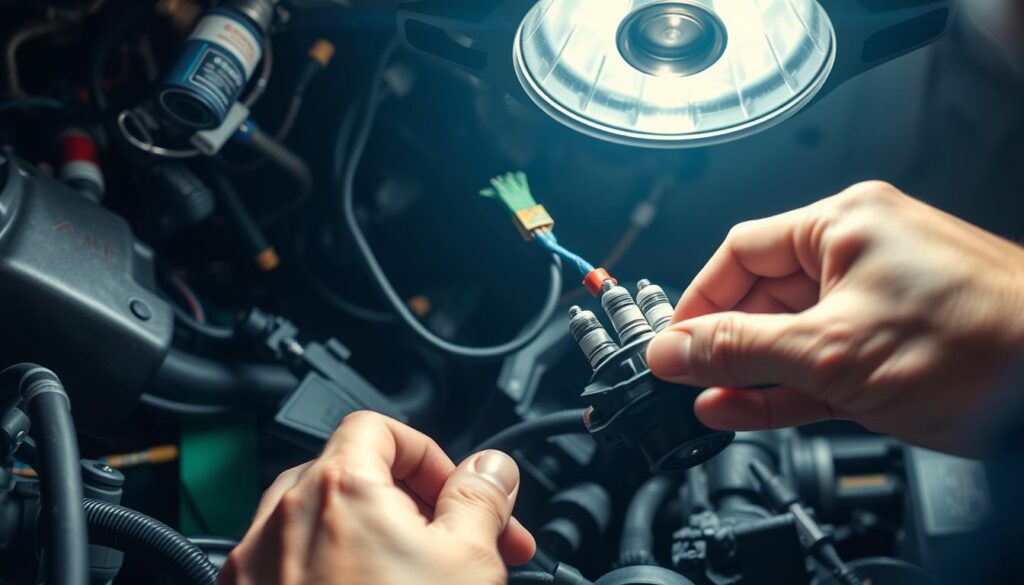 A well-lit garage workshop, a mechanic's hands carefully inspecting the intricate components of a car's ignition system. The glow of a work lamp illuminates the complex web of wires, sensors, and electrical connections, revealing the potential causes of a starter issue. Closeup shots capture the precise placement of the ignition coil, spark plugs, and distributor, showcasing the delicate nature of this critical system. The overall mood is one of focused problem-solving, with a sense of technical expertise and attention to detail. The image should convey the importance of understanding the inner workings of a car's ignition system to effectively troubleshoot and repair starter problems.