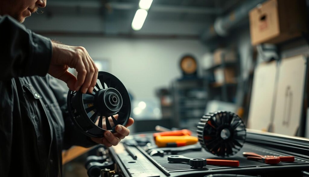 A well-lit garage workshop, the focus on a car's radiator fan undergoing repair. In the foreground, a mechanic's hands skillfully disassembling the fan housing, revealing the intricate components. In the middle ground, various tools - pliers, wrenches, and a replacement fan unit - neatly organized on a workbench. The background subtly dimmed, emphasizing the task at hand. Soft, warm lighting casts a subtle glow, creating a serene, focused atmosphere for the delicate operation. The mechanic's face remains obscured, allowing the viewer to immerse themselves in the technical process of installing the new radiator fan.