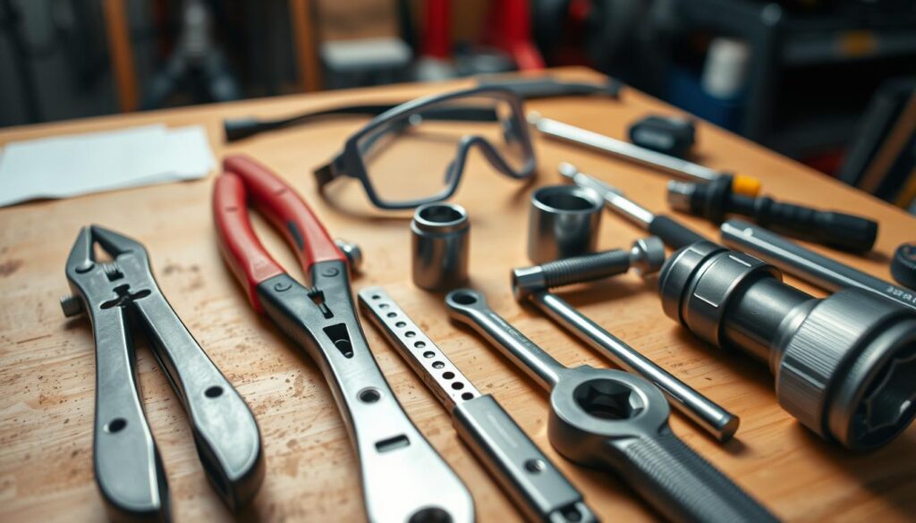 A well-lit, high-angle shot of an assortment of automotive repair tools neatly arranged on a clean, wooden workbench. In the foreground, a set of pliers, screwdrivers, and a socket wrench stand out in sharp focus, their metallic surfaces gleaming. In the middle ground, a pair of safety goggles and a torque wrench add to the sense of a professional, garage-like setting. The background is softly blurred, hinting at a variety of other tools and supplies, creating an atmosphere of organized efficiency. The overall mood is one of preparedness and attention to detail, perfect for illustrating the "Tools You'll Need for Tail Light Replacement" section of the DIY guide.