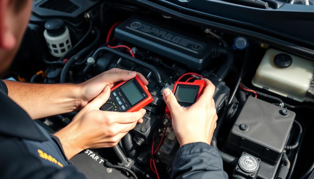 A well-lit, high-angle view of a car engine compartment, with a mechanic's hands carefully testing the car starter using a multimeter or diagnostic tool. The process is captured in crisp detail, showcasing the various components involved - the starter, battery, wiring, and other relevant parts. The scene exudes a sense of focused professionalism, with a clean and organized workspace, and the mechanic's face obscured to maintain privacy. The lighting emphasizes the technical nature of the task, creating a sense of clarity and precision that would be useful for the article's "Testing Your Car's Starter" section.