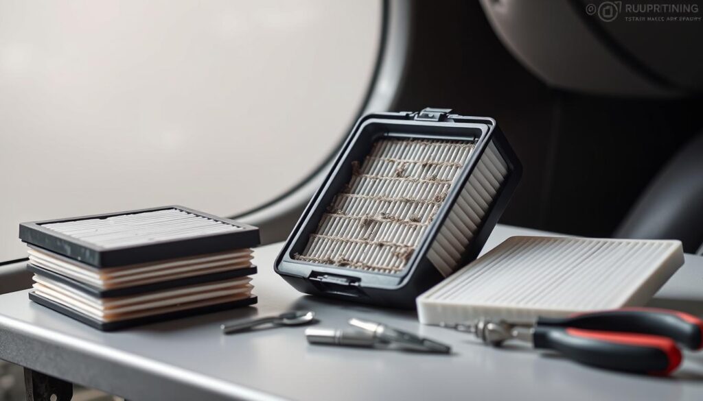 A well-lit, high-angle view of a car's cabin air filter housing, positioned on a clean workbench against a soft, blurred background. The filter housing is open, revealing the dirty, clogged filter inside. A set of clean, replacement filters and necessary tools, such as screwdrivers and pliers, are neatly arranged around the housing, suggesting the steps of the maintenance process. The scene conveys a sense of organization and attention to detail, with a focus on the importance of proper cabin air filter maintenance for a vehicle.