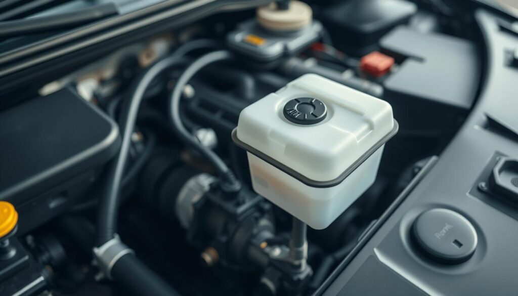 A well-lit, high-angle view of the interior of a car's engine bay, showcasing the brake fluid reservoir in sharp focus. The reservoir is prominently positioned in the foreground, with a clean, minimalist aesthetic. The surrounding engine components and wiring are visible in the middle ground, providing context without distracting from the main subject. The background is softly blurred, emphasizing the reservoir as the focal point. The image conveys a sense of technical precision and attention to detail, suitable for an instructional article on checking brake fluid levels. A well-lit, high-angle view of the interior of a car's engine bay, showcasing the brake fluid reservoir in sharp focus. The reservoir is prominently positioned in the foreground, with a clean, minimalist aesthetic. The surrounding engine components and wiring are visible in the middle ground, providing context without distracting from the main subject. The background is softly blurred, emphasizing the reservoir as the focal point. The image conveys a sense of technical precision and attention to detail, suitable for an instructional article on checking brake fluid levels.