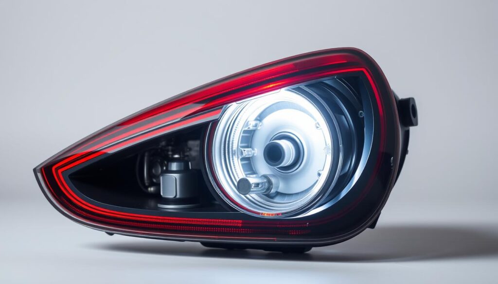 A well-lit, high-quality close-up of a disassembled tail light assembly, showcasing its intricate inner workings. The scene is set against a neutral background, allowing the subject to be the focal point. The lighting is soft and diffused, highlighting the various components, such as the reflectors, bulbs, and housing. The image captures the technical details and mechanical nature of the assembly, conveying a sense of precision and functionality. The overall mood is one of informative clarity, suitable for a DIY guide on maintaining and replacing tail lights.