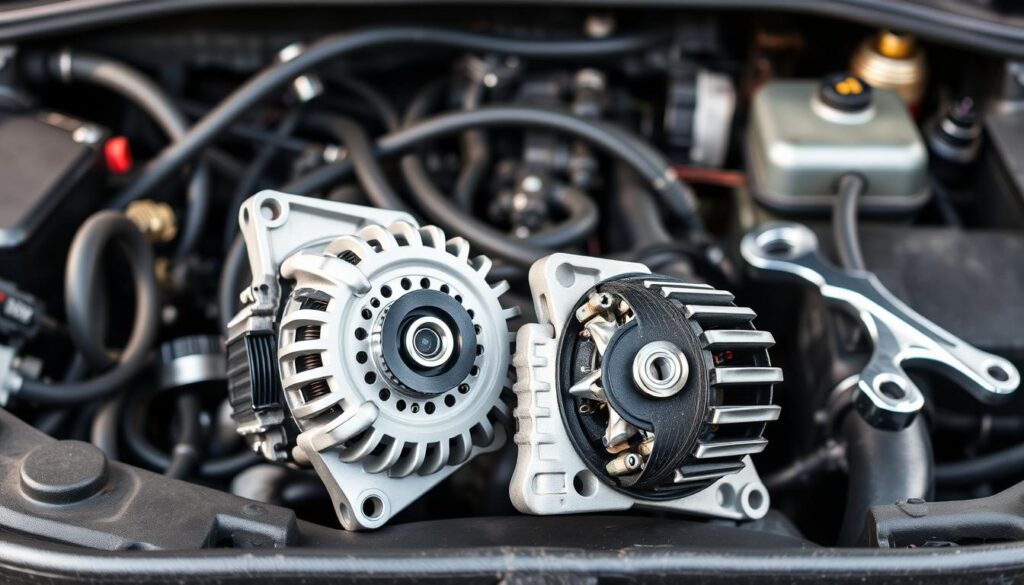 A well-lit, high-resolution, detailed image of a car engine compartment, with the alternator prominently displayed in the foreground. The alternator should be partially disassembled, showcasing its key components such as the rotor, stator, and drive belt. In the middle ground, the necessary tools for alternator replacement, such as wrenches, sockets, and a ratchet, should be neatly arranged. The background should depict the engine bay, with hoses, wires, and other components visible, creating a sense of depth and context. The lighting should be natural, with soft shadows and highlights that accentuate the textures and shapes of the engine components. The image should convey a sense of preparation, with a focus on the steps required to safely and effectively replace the alternator. A well-lit, high-resolution, detailed image of a car engine compartment, with the alternator prominently displayed in the foreground. The alternator should be partially disassembled, showcasing its key components such as the rotor, stator, and drive belt. In the middle ground, the necessary tools for alternator replacement, such as wrenches, sockets, and a ratchet, should be neatly arranged. The background should depict the engine bay, with hoses, wires, and other components visible, creating a sense of depth and context. The lighting should be natural, with soft shadows and highlights that accentuate the textures and shapes of the engine components. The image should convey a sense of preparation, with a focus on the steps required to safely and effectively replace the alternator.