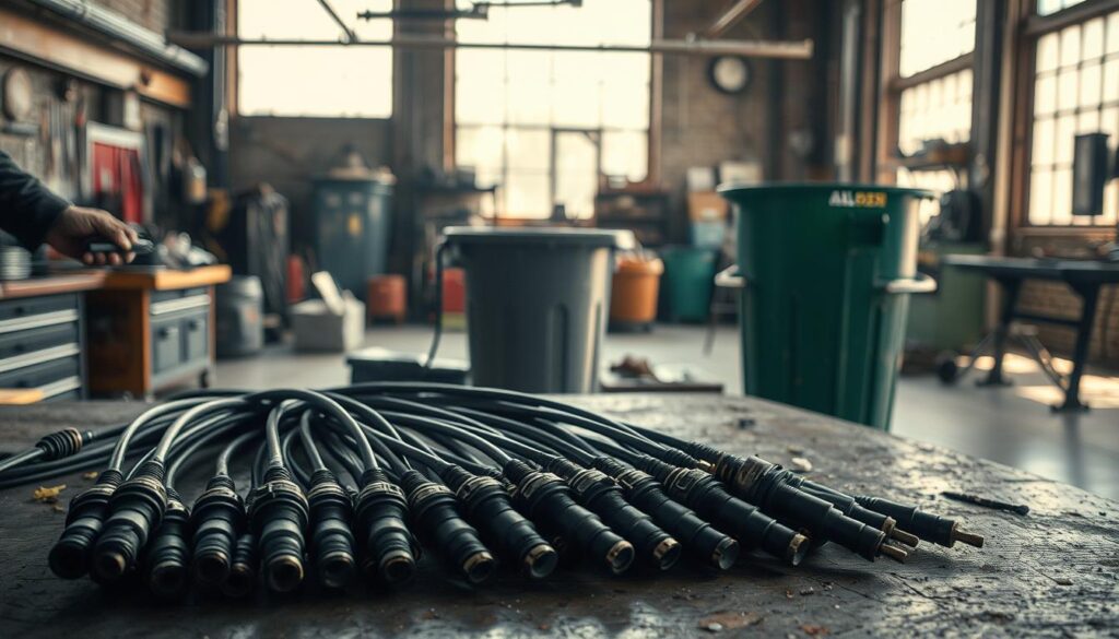 A well-lit industrial workshop, the foreground featuring a set of used spark plug wires arranged neatly on a workbench. The wires are in various states of disrepair, some frayed and others still intact. A pair of sturdy, work-worn hands carefully sorts through the wires, evaluating their condition. In the middle ground, a recycling bin stands ready to receive the worn-out components. Soft, diffused lighting filters in from large windows, casting a warm, contemplative glow over the scene. The background showcases the orderly workshop, with tools and equipment suggesting a focus on responsible, environmentally-conscious automotive maintenance. The overall mood is one of thoughtful consideration for sustainable practices.