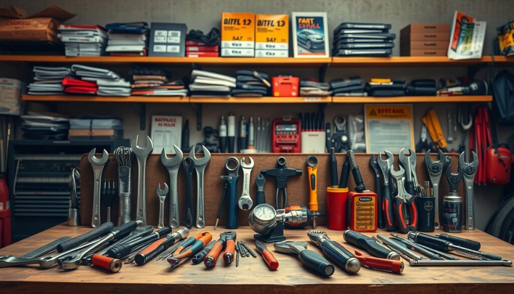 A well-lit, organized workbench with an array of mechanic's tools, including wrenches, pliers, screwdrivers, and a car thermostat. The background features a garage interior with shelves stocked with automotive parts and repair manuals. The scene conveys a sense of expertise and self-reliance, inviting the viewer to explore the resources available for a DIY car repair project. The lighting is warm and natural, creating a welcoming atmosphere for the viewer to engage with the subject matter.