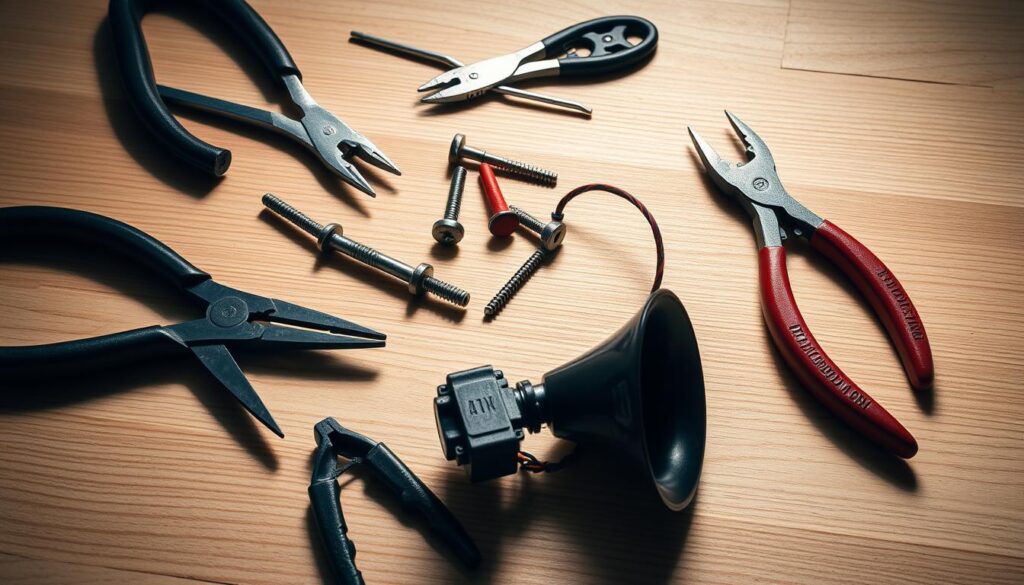 A well-lit, still-life composition showcasing an array of car horn replacement tools, including pliers, screwdrivers, wire cutters, and a replacement horn unit, arranged neatly on a clean, wooden surface. The tools are captured from a high-angle perspective, casting subtle shadows that add depth and dimension to the scene. The overall mood is one of functionality and practicality, conveying a sense of the necessary components required for a successful DIY car horn replacement project.