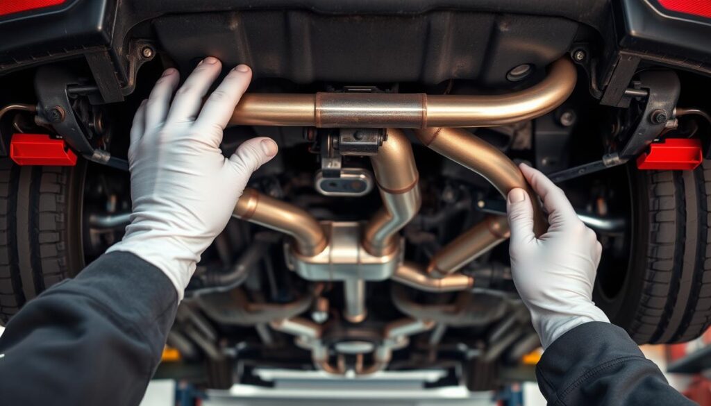 A well-lit, up-close view of a mechanic's hands performing an exhaust system inspection on a raised vehicle. The foreground features the mechanic's hands closely examining the exhaust components, with various tools and inspection equipment visible. The middle ground showcases the underside of the car's chassis, with the exhaust system and its various parts, such as the catalytic converter, muffler, and tailpipe, in clear focus. The background subtly blurs, suggesting a clean, professional auto repair shop setting, with soft shadows and highlights to create depth and atmosphere. The overall scene conveys the importance of thorough, regular exhaust system maintenance for the vehicle's performance and emissions control. A well-lit, up-close view of a mechanic's hands performing an exhaust system inspection on a raised vehicle. The foreground features the mechanic's hands closely examining the exhaust components, with various tools and inspection equipment visible. The middle ground showcases the underside of the car's chassis, with the exhaust system and its various parts, such as the catalytic converter, muffler, and tailpipe, in clear focus. The background subtly blurs, suggesting a clean, professional auto repair shop setting, with soft shadows and highlights to create depth and atmosphere. The overall scene conveys the importance of thorough, regular exhaust system maintenance for the vehicle's performance and emissions control.