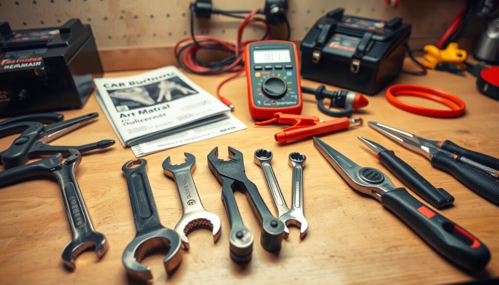 A well-lit workbench showcases an array of essential tools for DIY alternator replacement. In the foreground, a set of open-end wrenches, pliers, and a socket wrench set lie neatly arranged, ready for the task at hand. In the middle ground, a handheld multimeter and a repair manual provide the necessary technical guidance. The background features a car battery charger and a torque wrench, ensuring a comprehensive toolkit for the DIY mechanic. The overall scene conveys a sense of organization, preparedness, and a commitment to a successful alternator replacement project. A well-lit workbench showcases an array of essential tools for DIY alternator replacement. In the foreground, a set of open-end wrenches, pliers, and a socket wrench set lie neatly arranged, ready for the task at hand. In the middle ground, a handheld multimeter and a repair manual provide the necessary technical guidance. The background features a car battery charger and a torque wrench, ensuring a comprehensive toolkit for the DIY mechanic. The overall scene conveys a sense of organization, preparedness, and a commitment to a successful alternator replacement project.