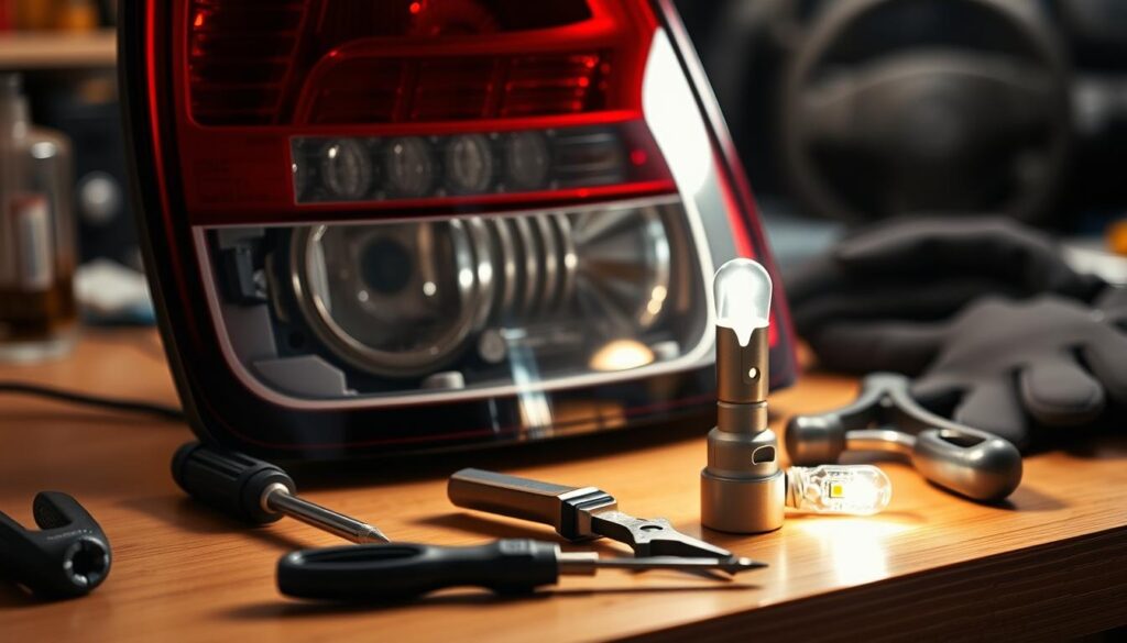 A well-lit workbench with a car tail light housing and assorted tools neatly arranged, including a screwdriver, pliers, and a replacement LED bulb. A pair of protective gloves rests next to the components, emphasizing the importance of safety during the repair process. The scene is bathed in a warm, focused light, creating a professional, instructional atmosphere. The background is blurred, directing the viewer's attention to the foreground details.