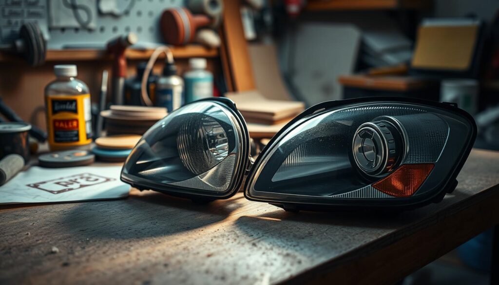 A well-lit workbench with an array of tools and materials, including sandpaper, polishing pads, and a bottle of headlight restoration solution. In the foreground, a pair of worn, foggy headlights undergoing the restoration process, with the light from the workbench casting a warm, focused glow on the task at hand. The background is slightly blurred, emphasizing the attention to detail required for this DIY project. The overall atmosphere conveys a sense of focused determination and the satisfaction of a job well done.