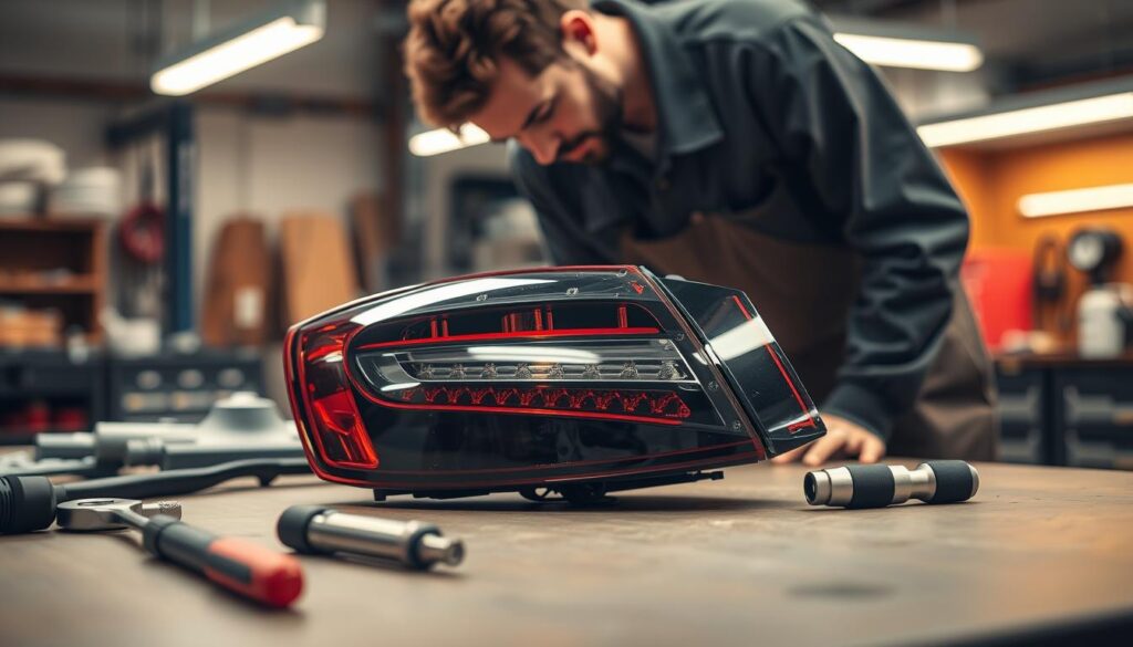 A well-lit workshop interior, with a mechanic's workbench in the foreground. On the bench, a professional-grade tail light assembly sits disassembled, its components neatly organized. Specialized tools, such as a torque wrench and trim removal tools, lie nearby. The mechanic, their face obscured, leans over the disassembled tail light, carefully inspecting and evaluating the damage. The lighting is warm and focused, creating a sense of diligence and precision. The overall atmosphere conveys the expertise and care required for a professional-level tail light replacement.