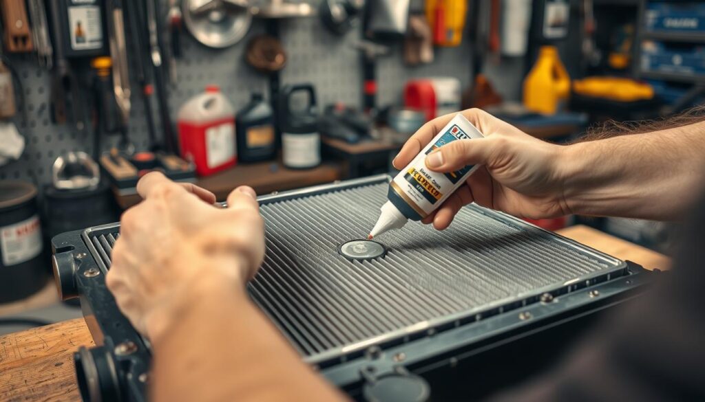 A well-lit workshop scene with a car radiator on a workbench. In the foreground, a mechanic's hands carefully apply a two-part epoxy compound to a small leak in the radiator core. The epoxy curing process is visible, with the material slowly hardening and sealing the breach. The mechanic's face is not shown, emphasizing the focused, detailed work. In the background, tools, oil cans, and other repair items are neatly organized, conveying a sense of professionalism. Warm, soft lighting casts a natural glow over the scene, creating a calm, confident atmosphere for repairing this automotive DIY task.