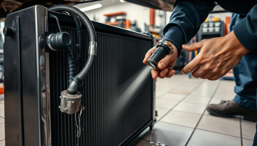 A well-lit workshop setting, a car's radiator system in the foreground with a leak visible, water dripping onto a tiled floor. A mechanic's hands closely examining the radiator hoses and connections, using a flashlight to identify the source of the leak. The scene is calm and focused, with tools and repair supplies visible in the background, conveying a sense of methodical problem-solving. The image should be captured from a slightly elevated angle, emphasizing the radiator's position and the mechanic's attentive inspection.