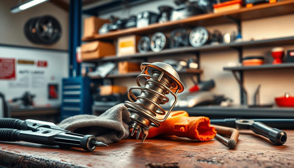A well-lit workshop setting with a detailed thermostat on a workbench, surrounded by various maintenance tools like screwdrivers, pliers, and a clean rag. The thermostat is the focal point, with a warm, soft lighting highlighting its intricate components. In the background, shelves display related automobile parts, conveying a sense of expertise and professionalism. The overall mood is informative and instructive, guiding the viewer through the process of thermostat maintenance.