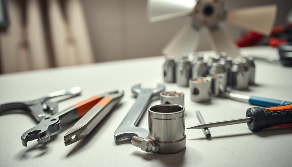 A well-lit workspace, a table showcasing an assortment of tools essential for radiator fan replacement - pliers, sockets, a wrench set, and a screwdriver. The tools are arranged neatly, their metallic surfaces gleaming under the soft, diffused lighting. The background is a neutral, out-of-focus setting, allowing the tools to take center stage. The overall mood is one of practicality and efficiency, conveying the notion of a methodical, professional approach to the task at hand.