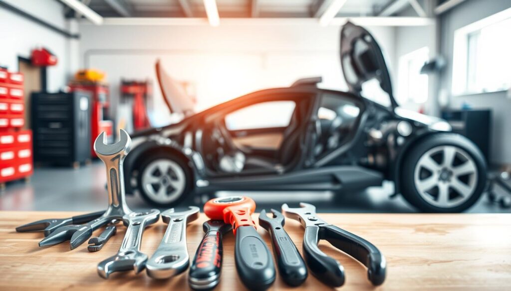 A well-organized and visually appealing car maintenance guide, illuminated by soft, natural lighting. In the foreground, a set of mechanic's tools - wrenches, screwdrivers, and pliers - neatly arranged on a clean, wooden workbench. The middle ground features a partially disassembled car engine, its inner workings exposed, inviting the viewer to explore the intricacies of preventive maintenance. The background showcases a bright, airy garage setting, with clean, white walls and a sense of order and organization, conveying a professional, educational atmosphere.