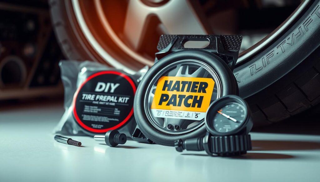 A well-organized set of DIY tire repair tools, including a tire patch kit, tire inflator, and tread depth gauge, neatly arranged on a clean, well-lit surface. The tools are positioned in a visually appealing manner, with a focus on their functionality and utility. The lighting is soft and diffused, creating a warm, inviting atmosphere that conveys the sense of a straightforward, approachable repair process. The overall composition is balanced and aesthetically pleasing, showcasing the essential items needed to fix a flat tire without the assistance of a mechanic. A well-organized set of DIY tire repair tools, including a tire patch kit, tire inflator, and tread depth gauge, neatly arranged on a clean, well-lit surface. The tools are positioned in a visually appealing manner, with a focus on their functionality and utility. The lighting is soft and diffused, creating a warm, inviting atmosphere that conveys the sense of a straightforward, approachable repair process. The overall composition is balanced and aesthetically pleasing, showcasing the essential items needed to fix a flat tire without the assistance of a mechanic.