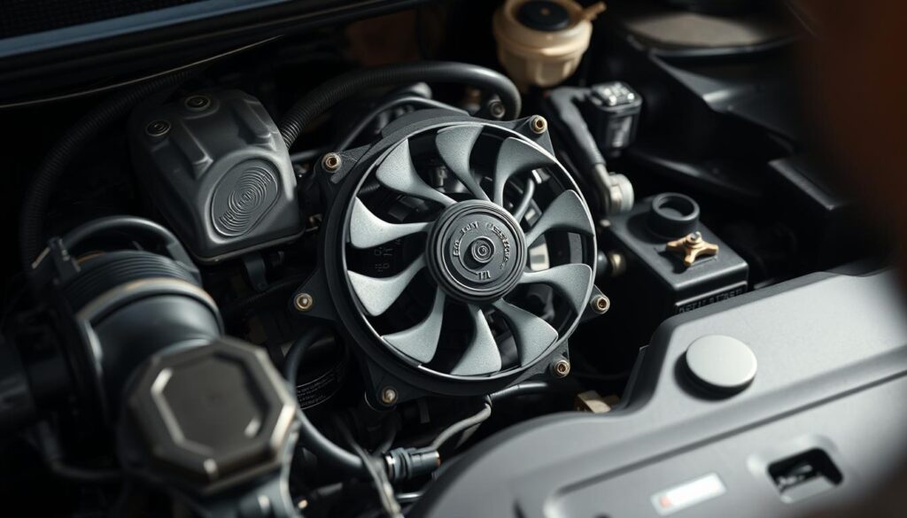 An automobile engine bay, with a focus on the radiator fan installation process. The radiator fan is the central subject, precisely positioned and clearly visible, surrounded by the intricate components of the cooling system. Soft, directional lighting illuminates the scene, casting subtle shadows that emphasize the three-dimensional nature of the mechanical parts. The background is slightly blurred, drawing the viewer's attention to the installation task at hand. The overall mood is one of technical precision and attention to detail, reflecting the care and diligence required for this DIY repair. The eyes of the person performing the installation are obscured, maintaining the focus on the task rather than the individual.