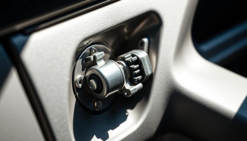 Detailed close-up of a car door lock actuator mechanism, seen from a slightly elevated angle. The metallic components gleam under bright, directional lighting, casting sharp shadows that emphasize the intricate mechanics. The actuator itself is prominently featured, with its solenoid and gears clearly visible. The surrounding door panel is blurred, creating a focused, technical composition that highlights the repair or replacement process. The overall mood is one of precision and functionality, suitable for illustrating the "Reassembling the Door Panel" section of a DIY guide.